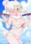  1girl adapted_costume alpaca_ears alpaca_suri_(kemono_friends) alpaca_tail animal_ears areola_slip areolae bare_arms bare_shoulders bikini_top blonde_hair blue_sky blush breasts commentary_request cowboy_shot cup day detached_collar drinking_glass extra_ears eyebrows_visible_through_hair fur_collar grey_eyes hair_bun hair_over_one_eye hands_up highres holding holding_tray horizontal_pupils kemono_friends looking_at_viewer masuyama_ryou navel nose_blush open_mouth outdoors platinum_blonde_hair ribbon shorts sidelocks sky solo stomach summer sun tail tray wardrobe_malfunction wrist_cuffs 
