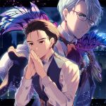  2boys black_gloves black_hair blue_eyes brown_eyes cape collared_shirt cosplay fate/grand_order fate_(series) glasses gloves hair_slicked_back hands_together james_moriarty_(fate/grand_order) james_moriarty_(fate/grand_order)_(cosplay) katsuki_yuuri kuroemon male_focus multiple_boys sherlock_holmes_(fate/grand_order) sherlock_holmes_(fate/grand_order)_(cosplay) shirt silver_hair smile viktor_nikiforov waistcoat yuri!!!_on_ice 
