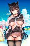  1girl animal_ear_fluff animal_ears areola_slip areolae atago_(azur_lane) atago_(school_daydream)_(azur_lane) azur_lane bangs black_hair black_legwear black_panties black_sailor_collar black_serafuku black_skirt breasts cameltoe collarbone commentary_request day extra_ears eyebrows_visible_through_hair finger_to_mouth hair_ribbon highres kotengu large_breasts lifted_by_self long_hair looking_at_viewer mole mole_under_eye nav neckerchief no_bra outdoors panties pantyhose pantyhose_pull pink_nails pleated_skirt ribbon sailor_collar school_uniform serafuku shiny shiny_skin shirt_lift skirt skirt_lift sky solo standing stomach sweat swept_bangs thigh_gap underboob underwear very_long_hair white_neckwear white_ribbon 