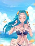  1girl aqua_hair artist_name beach blue_sky breasts cleavage closed_eyes closed_mouth cloud day fiora_(fire_emblem) fire_emblem fire_emblem:_the_blazing_blade fire_emblem_heroes flower hair_flower hair_ornament highres kuurimuart long_hair navel outdoors sky smile solo swimsuit upper_body water 