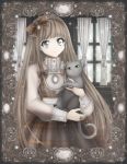  1girl animal bangs blouse blurry bokeh bow cat curtains depth_of_field dress eyebrows_visible_through_hair frame framed_image frilled_blouse frills grey_cat grey_eyes hairband holding holding_animal holding_cat jewelry lace lace-trimmed_dress lace_trim light light_brown_hair light_particles lolita_fashion lolita_hairband long_hair looking_at_viewer necklace nyaaan original plaid plaid_bow plaid_dress ring sheer_clothes signature sleeve_cuffs smile solo solo_focus tassel window windowsill 