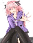  1boy astolfo_(fate) bangs black_bow black_legwear black_skirt blush bow braid casual collarbone commentary_request drawstring eyebrows_visible_through_hair fang fate/apocrypha fate_(series) feet_out_of_frame flying_sweatdrops hair_between_eyes hair_bow hair_intakes highres hood hooded_jacket jacket knees_up long_braid long_hair long_sleeves looking_at_viewer male_focus miniskirt open_clothes open_jacket open_mouth otoko_no_ko pantyhose pink_hair piro_(iiiiiiiiii) pom_pom_(clothes) purple_eyes purple_jacket purple_shirt shirt sidelocks simple_background sitting skin_fang skirt skirt_tug striped striped_shirt sweat thighs white_background white_shirt 