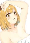  1girl arm_up blonde_hair blush breasts brown_hair cleavage collared_jacket looking_at_viewer medium_breasts miyamori_aoi multicolored_hair nude parted_lips shiny shiny_hair shirobako short_hair simple_background sketch solo tahita1874 two-tone_hair under_covers upper_body white_background yellow_eyes 
