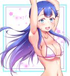  1girl :d armpits arms_up bangs blue_eyes blue_hair breasts cleavage collared_jacket covering_nipples eyebrows_visible_through_hair floating_hair gradient_hair highres hugtto!_precure kaatsukun long_hair looking_at_viewer medium_breasts multicolored_hair navel open_mouth precure purple_hair shiny shiny_hair sideboob smile solo standing star sweatdrop upper_body very_long_hair white_bikini_top yakushiji_saaya 