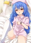  1girl animal_ears bed blue_hair blush bunny_ears cameltoe commentary_request dress ear_clip hand_on_own_chest hat knee_up legs long_hair low_twintails lying neko_mata nurse nurse_cap on_back open_mouth panties pantyshot pantyshot_(lying) pink_dress pink_headwear red_eyes seiran_(touhou) short_dress solo stethoscope thighhighs thighs touhou twintails underwear white_legwear white_panties 