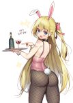  1girl alcohol animal_ears ass backless_outfit bangs bare_shoulders bell bell_collar black_legwear blonde_hair blue_eyes bottle bunny_ears bunny_girl bunnysuit collar cork corkscrew cup drinking_glass fake_animal_ears fang fishnet_pantyhose fishnets from_behind hair_ribbon highres holding holding_tray hop3 leotard long_hair looking_at_viewer open_mouth original pantyhose pink_ribbon pointing ribbon side_ponytail sidelocks simple_background solo standing tray twisted_torso very_long_hair white_background wine wine_bottle wine_glass wrist_cuffs 