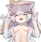  1girl :d ^_^ animal_ear_fluff animal_ears breasts breasts_apart closed_eyes collarbone commentary_request dog_(mixed_breed)_(kemono_friends) dog_ears dress_shirt elbow_gloves eyebrows_visible_through_hair facing_viewer fang gloves grey_hair hand_on_another&#039;s_head hands_up kemono_friends medium_breasts multicolored_hair navel nyifu open_clothes open_mouth open_shirt shirt short_hair simple_background smile solo_focus teeth towel two-tone_hair upper_body water wet wet_clothes wet_hair white_background white_gloves white_shirt wing_collar wiping 
