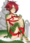  1girl absurdres ass blush breasts choker claws collarbone crossed_ankles eyebrows_visible_through_hair eyes_visible_through_hair fang fang_out freckles green_eyes highres lizard_girl lizard_tail looking_at_viewer medium_breasts monster_girl naked_ribbon nipples original pointy_ears red_choker red_hair red_ribbon ribbon ribbon_choker scales short_hair sitting smile solo sunna_(nilsunna) tail 