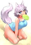  1girl animal_ears barefoot blue_eyes blue_swimsuit breasts commentary_request dated dog_(mixed_breed)_(kemono_friends) dog_ears dog_tail eyebrows_visible_through_hair fang frisbee grey_hair happa_(cloverppd) heterochromia kemono_friends large_breasts looking_at_viewer mouth_hold multicolored_hair one-piece_swimsuit short_hair solo striped striped_swimsuit swimsuit tail two-tone_hair white_hair yellow_eyes 