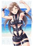  1girl :o arm_strap armpits arms_up bangs bare_shoulders beach blue_sky blush breasts brown_eyes brown_hair character_name clenched_hands cloud collarbone commentary_request cowboy_shot dated day dutch_angle eyebrows_visible_through_hair floating_hair happy_birthday highres horizon hot_limit idolmaster idolmaster_cinderella_girls large_breasts long_hair looking_at_viewer nitta_minami ocean open_mouth revealing_clothes shiny shiny_clothes shiny_hair signature sky solo standing sweat swept_bangs t.m.revolution tareme thigh_strap underboob wristband yoohi 