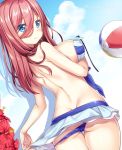  1girl ball bangs bare_arms bare_shoulders beachball bikini bikini_pull blue_bikini blue_eyes blue_sky blush breasts brown_hair closed_mouth cloud cloudy_sky commentary_request day dutch_angle eyebrows_visible_through_hair flower from_behind fujima_takuya go-toubun_no_hanayome hair_between_eyes large_breasts long_hair looking_at_viewer looking_back nakano_miku outdoors pulled_by_self red_flower sideboob sky solo swimsuit twitter_username wavy_mouth 