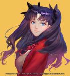  1girl artist_name artstation_username bangs black_hair blue_eyes blurry blush bow bowtie breasts buttons collared_jacket cross dated facebook_username fate/stay_night fate_(series) floating_hair hair_ribbon highres jacket light_smile lips long_hair long_legs long_sleeves looking_at_viewer looking_to_the_side medium_breasts neck_ribbon nose nutthapon_petchthai parted_bangs red_bow red_jacket red_ribbon ribbon shiny shiny_hair shiny_skin signature simple_background solo toosaka_rin two_side_up uniform upper_body yellow_background 