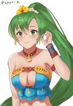  1girl blue_swimsuit breasts choker cleavage closed_mouth earrings fire_emblem fire_emblem:_the_blazing_blade fire_emblem_heroes flower green_eyes green_hair hair_flower hair_ornament highres jewelry long_hair lyn_(fire_emblem) ponytail simple_background smile solo spiffydc swimsuit twitter_username upper_body white_background 