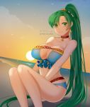  1girl artist_name beach breasts chocojax cleavage closed_mouth cloud earrings fire_emblem fire_emblem:_the_blazing_blade fire_emblem_heroes flower green_eyes green_hair hair_flower hair_ornament jewelry large_breasts long_hair lyn_(fire_emblem) outdoors ponytail sitting sky solo swimsuit water watermark web_address 