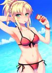  1girl arm_behind_head armpits bangs bare_arms bare_shoulders bikini blonde_hair blue_sky braid breasts cleavage cloud collarbone cowboy_shot day dutch_angle fate/grand_order fate_(series) food french_braid front-tie_bikini front-tie_top green_eyes hair_ornament hair_scrunchie halter_top halterneck horizon kinata_1 long_hair looking_at_viewer medium_breasts mordred_(fate)_(all) mordred_(swimsuit_rider)_(fate) mouth_hold navel ocean outdoors parted_bangs pocky ponytail red_bikini scrunchie side-tie_bikini sidelocks sky solo swimsuit water 