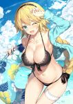  1girl akae_neo arm_up bangs bare_shoulders bikini black_bikini blonde_hair blue_eyes blue_sky braid breasts cleavage cloud cloudy_sky collarbone commentary_request day eyebrows_visible_through_hair fate/grand_order fate_(series) floral_print front-tie_bikini front-tie_top hairband highres innertube jacket jeanne_d&#039;arc_(fate)_(all) jeanne_d&#039;arc_(swimsuit_archer) long_hair long_sleeves looking_at_viewer medium_breasts navel off_shoulder one_eye_closed open_mouth outdoors side-tie_bikini single_braid sky solo swimsuit thigh_strap thighs tied_hair water water_drop 