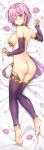  1girl arm_warmers ass back bare_shoulders bed_sheet blush breasts closed_eyes cosplay dakimakura fate/grand_order fate_(series) flower hair_over_one_eye highres kama_(fate/grand_order) kama_(fate/grand_order)_(cosplay) kotatsu_(kotatsu358) looking_at_viewer looking_back lying mash_kyrielight medium_breasts parted_lips petals pink_flower purple_eyes purple_hair purple_legwear short_hair shoulder_blades sidelocks solo sweat thighhighs 
