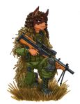  2019 5_fingers anthro canid canine canis clothed clothing dobermann domestic_dog ewgengster female fingers ghillie_suit gun hi_res holding_gun holding_object holding_weapon mammal mauze military pinscher ranged_weapon solo traditional_media_(artwork) uniform wa2000 weapon 