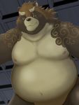  2019 3:4 anthro belly canid canine eye_scar fupa gyobu hi_res jinku_56 looking_at_viewer looking_down male mammal moobs navel nipples nude overweight overweight_male raccoon_dog scar solo tanuki tattoo tokyo_afterschool_summoners video_games 