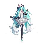  1girl aqua_eyes aqua_hair blue_eyes boots hatsune_miku headphones headset long_hair magical_mirai_(vocaloid) microphone skirt solo thigh_boots thighhighs twintails very_long_hair vocaloid yyb 