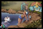  azaleesh blue_eyes clothing detailed_background female feral foliage gym_leader human looking_back mammal nessa_(pok&eacute;mon) nintendo pok&eacute;mon pool_(disambiguation) swimwear video_games water 