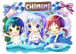  3girls :d ^_^ anchor angora_rabbit bangs bare_arms bare_shoulders blue_bow blue_eyes blue_hair blue_sky blush bow bunny chibi chimame-tai chocolat_(momoiro_piano) closed_eyes cloud cloudy_sky collarbone commentary_request day eyebrows_visible_through_hair fang gochuumon_wa_usagi_desu_ka? green_hair hair_between_eyes hair_ornament hair_scrunchie inflatable_dolphin inflatable_toy innertube jouga_maya kafuu_chino lifebuoy long_hair multiple_girls natsu_megumi one-piece_swimsuit open_mouth parted_lips red_bow red_hair ringlets school_swimsuit scrunchie seashell shell sky smile striped striped_bow swimsuit tippy_(gochiusa) twintails very_long_hair water white_school_swimsuit white_scrunchie white_swimsuit x_hair_ornament yellow_eyes 