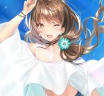  1girl ;d bare_shoulders blue_sky breasts brown_eyes brown_hair choker cleavage collarbone earrings floating_hair flower glint hair_flower hair_ornament hand_up jewelry kagachi_saku long_hair looking_at_viewer low-tied_long_hair midriff multicolored multicolored_nails nail_polish off-shoulder_shirt off_shoulder one_eye_closed open_mouth original shirt signature sky smile solo upper_body white_shirt 