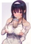  1girl bangs bare_shoulders blush breast_lift breasts bubble_tea bubble_tea_challenge commentary_request cup disposable_cup drinking drinking_straw eyebrows_visible_through_hair hair_between_eyes hairband highres kasumigaoka_utaha large_breasts long_hair looking_at_viewer off-shoulder_sweater off_shoulder outside_border purple_eyes purple_hair ribbed_sweater saenai_heroine_no_sodatekata shiromonefu signature solo sweatdrop sweater upper_body white_hairband white_sweater 