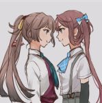  &gt;:) 2girls arm_warmers asagumo_(kantai_collection) bangs blue_bow blue_neckwear bow brown_eyes brown_hair closed_mouth collared_shirt confrontation dress dress_shirt eye_contact eyebrows_visible_through_hair grey_background grey_eyes grey_skirt hair_bow hair_rings high_ponytail kantai_collection kazagumo_(kantai_collection) long_hair long_sleeves looking_at_another multiple_girls nuno_(pppompon) pleated_skirt ponytail profile purple_dress shirt short_sleeves simple_background skirt sleeveless sleeveless_dress smile suspender_skirt suspenders twintails v-shaped_eyebrows very_long_hair white_shirt 