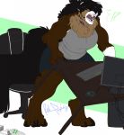  ?! angry anthro canid canine chair clothed clothing collar computer female hi_res mammal muscular muscular_female mutt_(sessinoga) open_mouth redpixie simple_background solo standing 