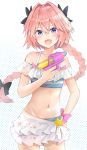  1boy :d astolfo_(fate) bangs bare_shoulders bikini black_bow blue_bikini blush bow braid collarbone commentary cowboy_shot eyebrows_visible_through_hair fang fate/extella fate/extella_link fate/extra fate_(series) floating_hair hair_between_eyes hair_bow hair_intakes hand_on_hip highres holding holding_water_gun kusumoto_touka long_hair looking_at_viewer male_focus multicolored_hair navel open_mouth otoko_no_ko pink_bow pink_hair print_skirt purple_eyes revision see-through shiny shiny_hair single_braid skin_fang skirt smile solo standing star star_print starry_background streaked_hair swimsuit v-shaped_eyebrows water_gun white_background white_skirt wrist_bow 
