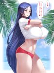  1girl absurdres bangs beach blue_sky blush breasts buruma choker clothes_lift covered_nipples fate/grand_order fate_(series) highres large_breasts long_hair looking_at_viewer minamoto_no_raikou_(fate) mogudan navel ocean palm_tree parted_bangs purple_eyes purple_hair red_buruma shirt shirt_lift short_sleeves sky solo speech_bubble thighs translated tree underboob very_long_hair white_shirt 