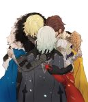  2boys 2girls artist_name black_gloves blonde_hair brown_hair byleth byleth_(female) cape claude_von_regan_(fire_emblem) crown dimitri_alexandre_bladud_(fire_emblem) edelgard_von_hresvelgr_(fire_emblem) fire_emblem fire_emblem:_three_houses from_behind fur_trim gloves green_hair hair_ornament headpiece hug medium_hair multiple_boys multiple_girls older red_gloves sasaki_(dkenpisss) short_hair simple_background white_background 