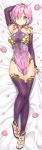  1girl arm_behind_head arm_up arm_warmers armpits bed_sheet breasts cleavage closed_mouth cosplay covered_navel dakimakura dress earrings eyes_visible_through_hair fate/grand_order fate_(series) flower full_body hair_over_one_eye highres jewelry kama_(fate/grand_order) kama_(fate/grand_order)_(cosplay) kotatsu_(kotatsu358) looking_at_viewer lying mash_kyrielight medium_breasts on_back pelvic_curtain petals pink_flower purple_dress purple_eyes purple_hair purple_legwear short_hair solo thighhighs thighs toes 