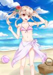  1girl :d armpits ball basket beach beachball blue_sky breasts cleavage cloud collarbone eyebrows_visible_through_hair fate/kaleid_liner_prisma_illya fate_(series) floating_hair flower hair_between_eyes hair_flower hair_ornament highres illyasviel_von_einzbern long_hair navel ocean open_mouth outdoors purple_bikini_top red_eyes red_flower sarong shiny shiny_hair sideboob silver_hair sky small_breasts smile solo standing twintails underboob user_wye9686 