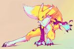  2019 ancesra anthro armwear better_version_at_source black_sclera blue_eyes bridal_gauntlets canid canine clothing digimon digimon_(species) female fur mammal renamon simple_background solo torn_clothing yellow_fur 