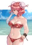  1girl amano_hagoromo bandaged_arm bandages bandeau bangs bare_arms bare_shoulders bikini blue_sky breasts bun_cover chain cleavage cloud collarbone commentary_request cowboy_shot cuffs day double_bun front-tie_bikini front-tie_top hand_in_hair hand_up highres ibaraki_kasen large_breasts lens_flare looking_at_viewer navel ocean outdoors partial_commentary pink_hair red_bikini red_eyes shackles short_hair side-tie_bikini sky smile solo standing stomach strapless strapless_bikini swimsuit thighs touhou two-tone_background white_background 