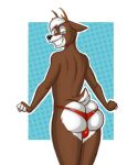  anthro blue_background blue_eyes butt cervid clothing girly hi_res kostos_art looking_at_viewer looking_back male mammal panties pinup pose presenting simple_background solo underwear 