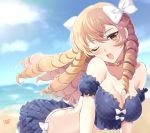  1girl awayuki_ramika beach blonde_hair blue_sky bow breasts choker cleavage cloud day drill_hair earrings fire_emblem fire_emblem_awakening hair_bow jewelry long_hair maribelle_(fire_emblem) one_eye_closed open_mouth outdoors sky solo swimsuit water white_bow yellow_eyes 