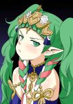  1girl blush braid cape fire_emblem fire_emblem:_three_houses green_eyes green_hair hair_ornament highres inoriofthewild jewelry long_hair looking_at_viewer mamkute multicolored_hair pointy_ears ribbon_braid side_braid simple_background solo sothis tiara twin_braids 