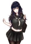  1girl :d azuma_(azur_lane) azur_lane bag bangs black_bag black_hair black_legwear black_sailor_collar black_serafuku black_skirt blush breasts brown_eyes commentary_request cosplay crop_top eyebrows_visible_through_hair hair_between_eyes hair_ornament hairclip head_tilt highres jewelry large_breasts long_hair looking_at_viewer navel necklace open_mouth pantyhose pleated_skirt realman sailor_collar school_uniform serafuku shoulder_bag sidelocks simple_background skirt smile solo standing takao_(azur_lane) takao_(azur_lane)_(cosplay) very_long_hair white_background white_neckwear 