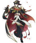  1boy alternate_costume black_gloves black_hair cape code_geass crossover geass gloves glowing glowing_eye grin hat japanese_clothes ji_no lelouch_lamperouge light_trail looking_at_viewer official_art petals purple_eyes sandals scroll sinoalice smile socks transparent_background wide_sleeves 