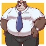  12beat13 2019 anthro belly blush bottomwear brown_fur bulge clothing eyewear fur glasses humanoid_hands male mammal necktie overweight overweight_male pants shirt solo topwear ursid 