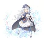  alternate_costume alternate_hairstyle bag boots breasts cape full_body grey_hair hat heterochromia kagura_mea kagura_mea_channel long_hair looking_at_viewer medium_breasts open_mouth pirason ribbon silver_hair simple_background thighhighs virtual_youtuber white_hair 