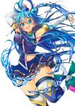  .sin 1girl aqua_(konosuba) bare_shoulders blue_eyes blue_footwear blue_hair blue_shirt blue_skirt blush breasts commentary_request detached_sleeves hair_between_eyes hair_ornament hair_rings highres kono_subarashii_sekai_ni_shukufuku_wo! large_breasts long_hair looking_at_viewer magic open_mouth shirt simple_background skirt smile solo thighhighs upper_teeth very_long_hair water white_background white_legwear white_sleeves 