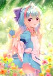  1girl ahoge backlighting bangs blonde_hair blue_dress blue_gloves blue_hair blurry blurry_foreground blush bow bug butterfly colored_eyelashes commentary_request day depth_of_field dress eyebrows_visible_through_hair flower frilled_bow frills gloves hair_between_eyes hair_bow insect kuroe_(sugarberry) little_alice_(wonderland_wars) looking_at_viewer looking_to_the_side multicolored_hair outdoors parted_lips pink_flower puffy_short_sleeves puffy_sleeves purple_bow red_eyes red_flower short_sleeves smile solo striped striped_legwear thighhighs two-tone_hair vertical-striped_legwear vertical_stripes wonderland_wars yellow_flower 