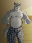  anthro bulge clothed clothing eyes_closed holding_cup holding_object male mature_male musclegut nipples slightly_chubby smile solo tcw topless 