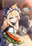  apron blonde_hair blue_eyes braid breasts broccoli carpet carrying cat dress eyebrows_visible_through_hair food g36_(girls_frontline) girls_frontline gloves hair_between_eyes indoors long_hair maid_apron maid_headdress meat medium_breasts one_eye_closed plate potato salad sausage sleeping solo very_long_hair vikpie 