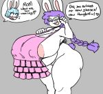  angstrom apron big_breasts big_butt blue_hair blush breasts butt clothing dialogue hair huge_breasts huge_butt hyper hyper_breasts lagomorph leporid mammal marie_(angstrom) molly_(angstrom) purple_hair pussy rabbit speech_bubble text thick_thighs wide_hips 