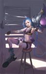  absurdres bikini_top blue_hair boots braid bullet flat_chest gloves highres jewelry jinx_(league_of_legends) league_of_legends long_hair makeup nail_polish necklace nose open_mouth pink_eyes short_shorts shorts takamitsu-kun tattoo twin_braids very_long_hair weapon 